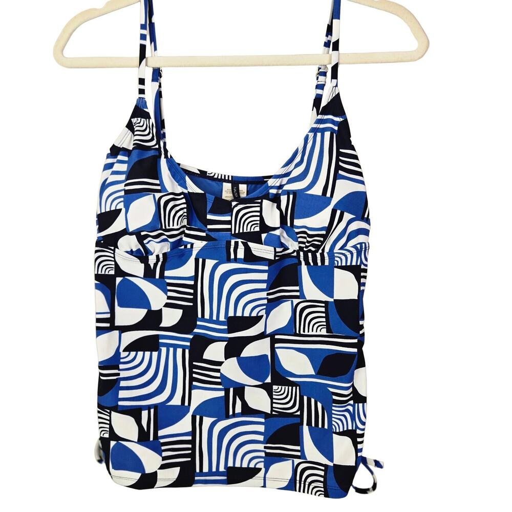 Nautica Geometric Tankini Swimsuit Top Women's L Blue Black White COLORBLOCK